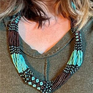30" Waterfall Turquoise Multi Strand Tribal Southw Seed Bead Statement Necklace